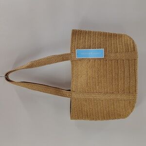 Draper James Woven Straw Tan Bag Tote Purse Blue Lining NWT